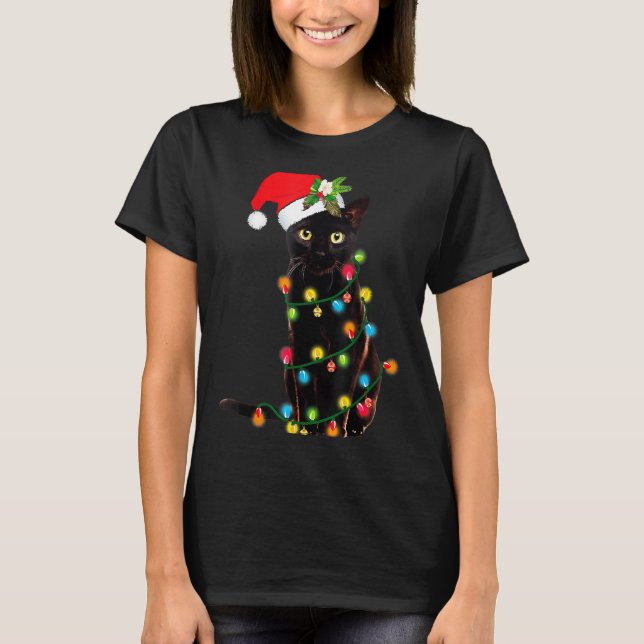 Black Cat Santa Tangled Up In Christmas Lights _1  T Shirt (Framsida)