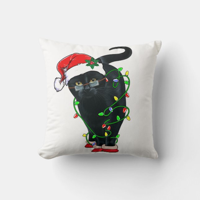 Black Cat Santa Tangled Up In Christmas Lights Kudde (Framsida)