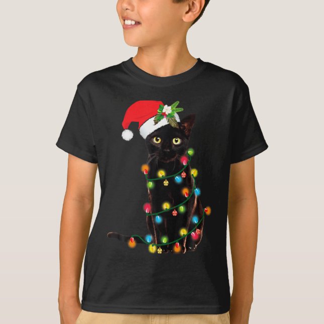 Black Cat Santa Tangled Up In Christmas Lights  T Shirt (Framsida)