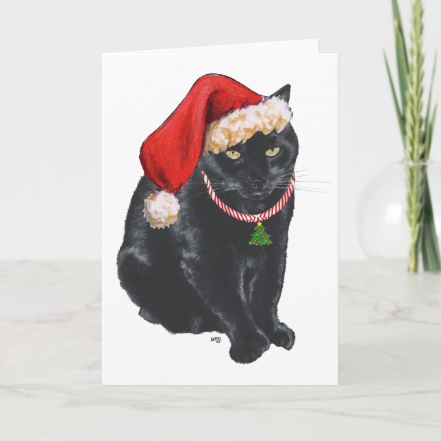 Black Cat Santa's Helper vid jul Helgkort (Framsida)