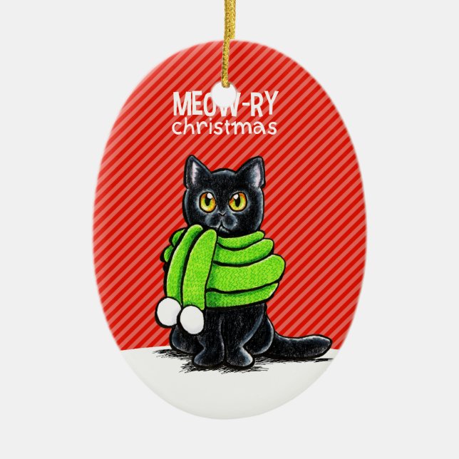 Black Cat Scarf Meow-ry-jul Julgransprydnad Keramik (Framsidan)