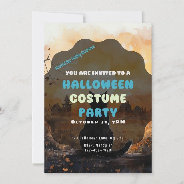 Black Cat Setting Sol Autumn Halloween Inbjudningar (Framsida)