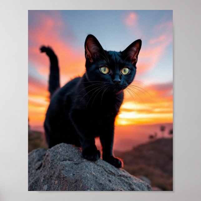 Black Cat Silhouette at Sunset Wall Art Poster (Framsidan)