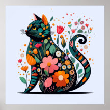 Black Cat silhouette av färgade blommor