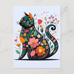 Black Cat silhouette av färgade blommor Vykort