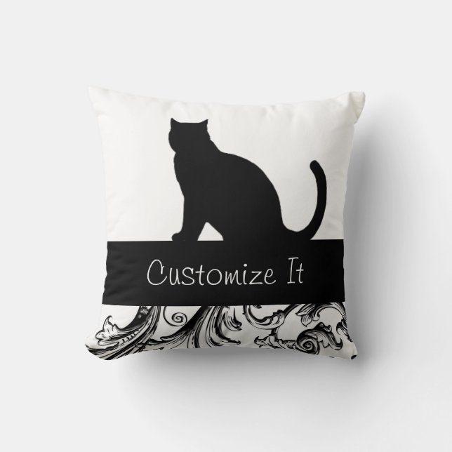 Black Cat Silhouette Elegant Baroque Trim Kudde (Framsida)