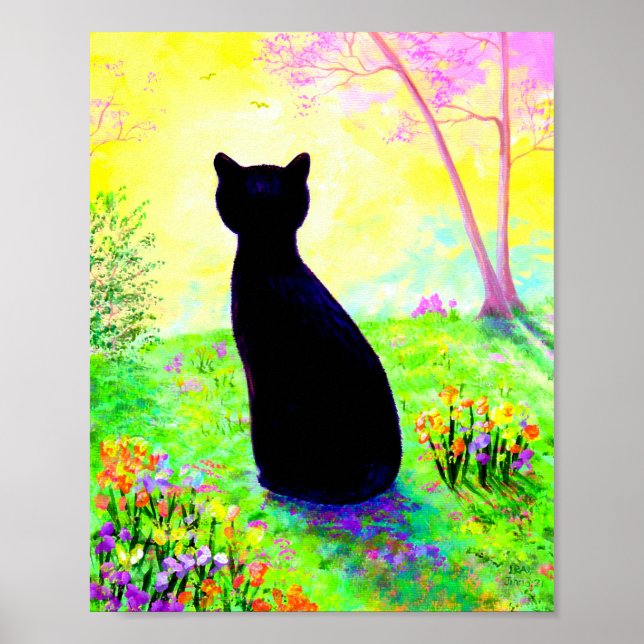 Black Cat Silhouette Flowers Creationarts Poster (Framsidan)