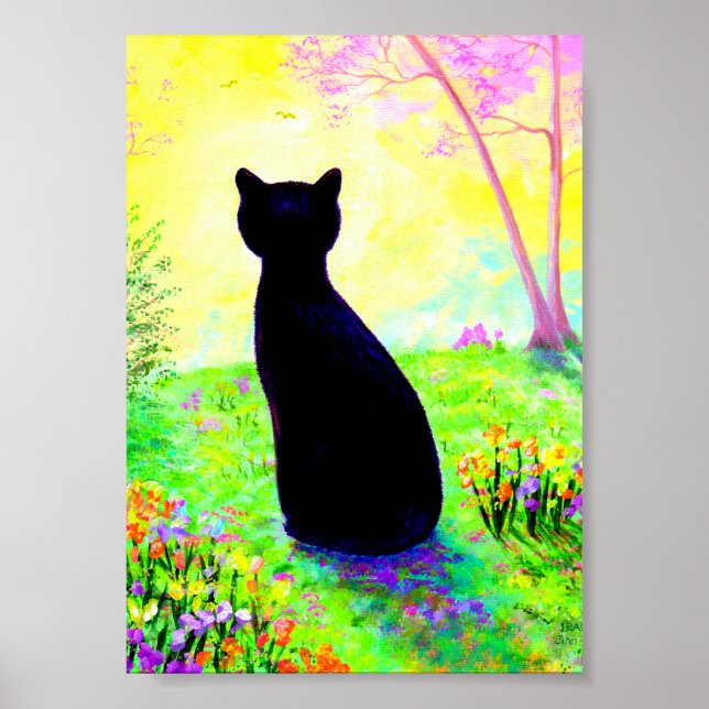 Black Cat Silhouette Flowers Creationarts Poster (Framsidan)