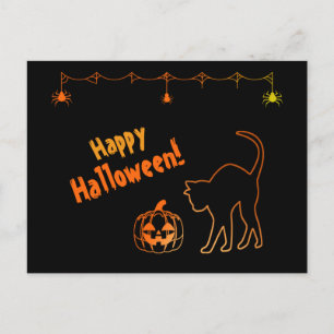 Black Cat Silhouette Neon Happy halloween Vykort