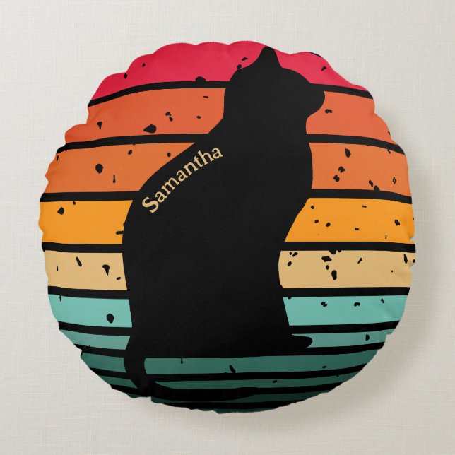 Black Cat Silhouette på Distress Rainbow Rund Kudde (Framsidan)