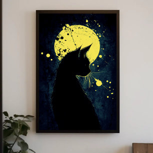 Black Cat Silhouette på Gulten Måne Poster