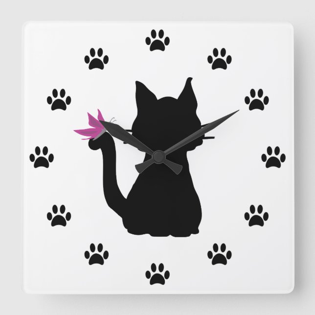 Black Cat Silhouette Rosa Butterfly Stor Klocka (Framsida)