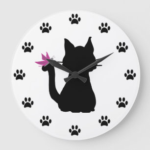 Black Cat Silhouette Rosa Butterfly Stor Klocka