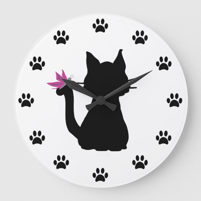 Black Cat Silhouette Rosa Butterfly Stor Klocka (Framsida)
