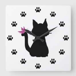 Black Cat Silhouette Rosa Butterfly Stor Klocka