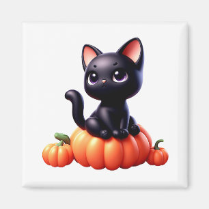 Black cat sitta på en pumpa magnet