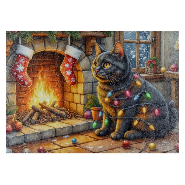 Black Cat Sitting Fireplace with Christmas Lights (Framsidan)
