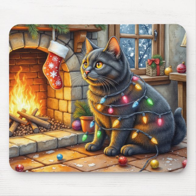 Black Cat Sitting Fireplace with Christmas Lights Musmatta (Framsidan)