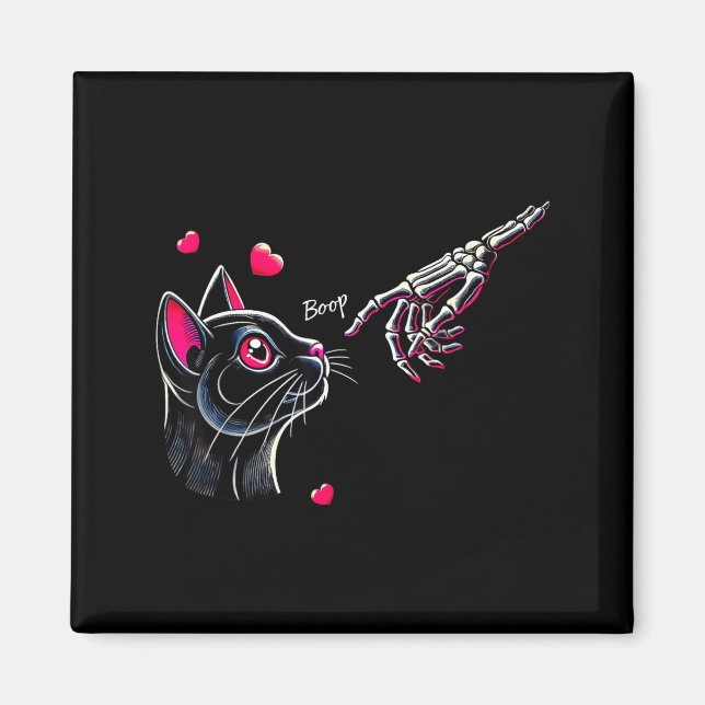 Black Cat Skeleton Hand Boop Valentine's Day Pet O Magnet (Framsidan)