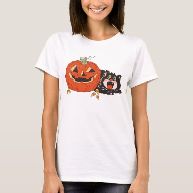 Black Cat Skrämt av Carved Pumpkins Evil Smile T Shirt (Framsida)