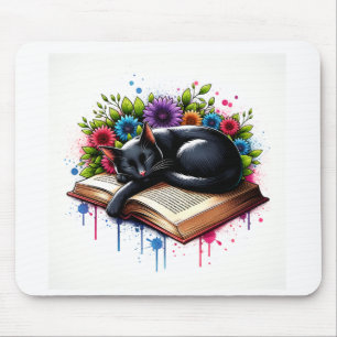 Black Cat Sleeping på Bok med Flowers Musmatta