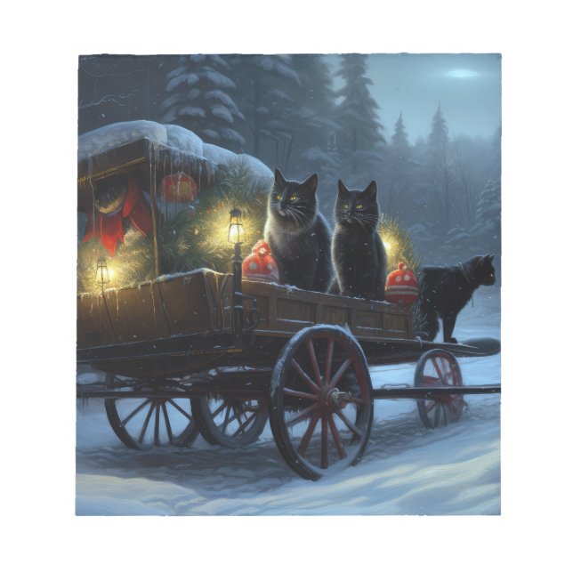 Black Cat Snowy Sleigh Ride Juldekan Anteckningsblock (Framsida)