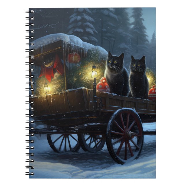 Black Cat Snowy Sleigh Ride Juldekan Anteckningsbok (Framsidan)