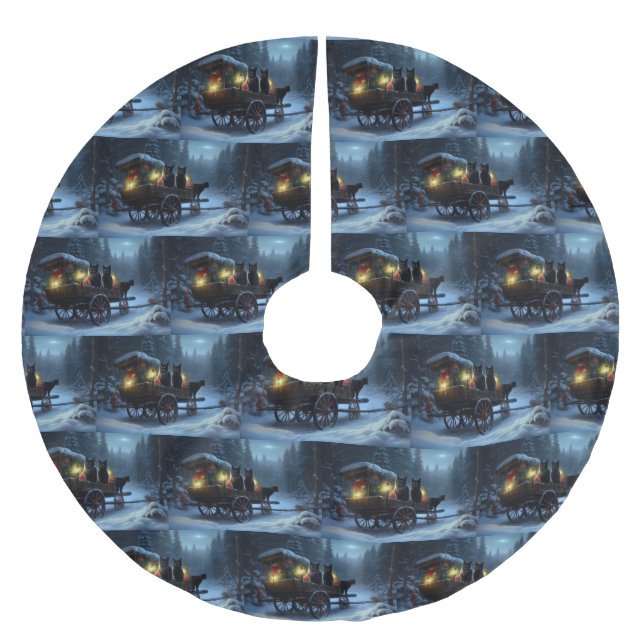 Black Cat Snowy Sleigh Ride Juldekan Julgransmatta Borstad Polyester (Framsidan)