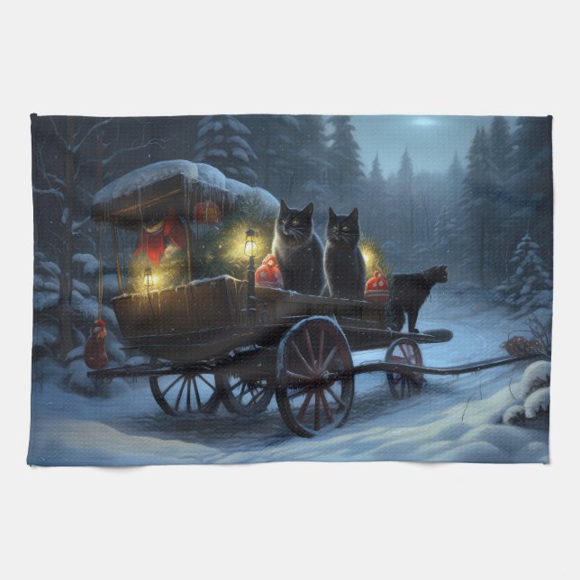 Black Cat Snowy Sleigh Ride Juldekan Kökshandduk (Horisontell)