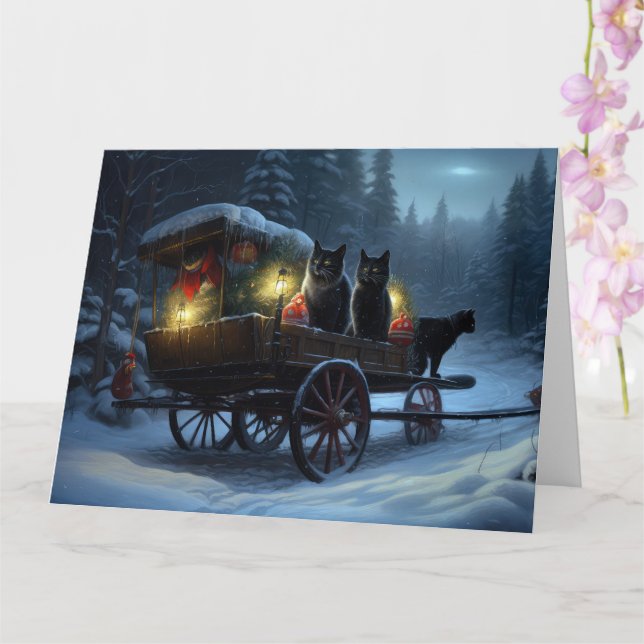 Black Cat Snowy Sleigh Ride Juldekan Kort (Orkide)