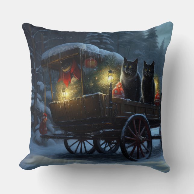 Black Cat Snowy Sleigh Ride Juldekan Kudde (Framsida)