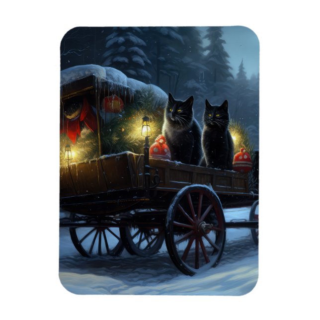 Black Cat Snowy Sleigh Ride Juldekan Magnet (Vertikal)