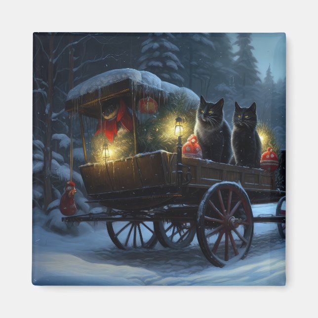 Black Cat Snowy Sleigh Ride Juldekan Magnet (Framsidan)