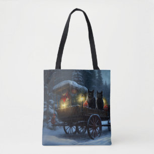 Black Cat Snowy Sleigh Ride Juldekan Tygkasse