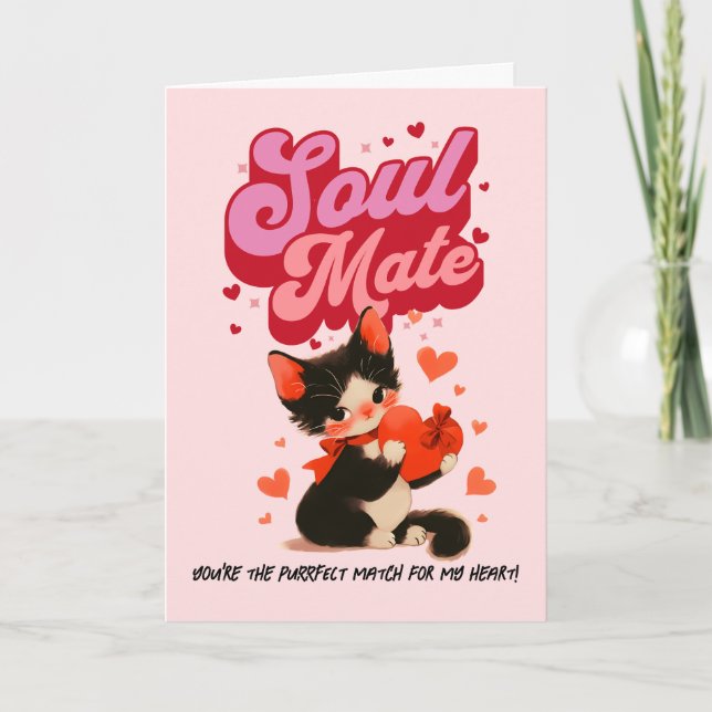 Black Cat Soul Mate Retro Valentine’s Day Card Helgkort (Framsida)