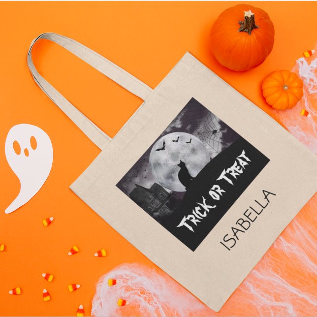 Black Cat Spooky Halloween Bus eller godis Tote Ba Tygkasse (Editable Text & Name,
Happy Halloween!)