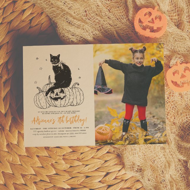 Black Cat Spooky Halloween Pumpkin Photo Birthday Inbjudningar (Skapare uppladdad)
