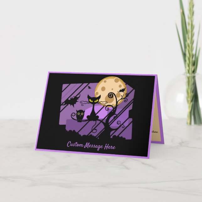 Black Cat Spooky Uggla Fladdermus Black Lila Full  Kort (Framsida)