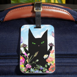 Black Cat Spring Fever:  Kitty and Flowers Bagagebricka