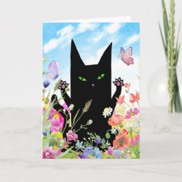 Black Cat Spring Greeting Card:  Kitty and Flowers Kort