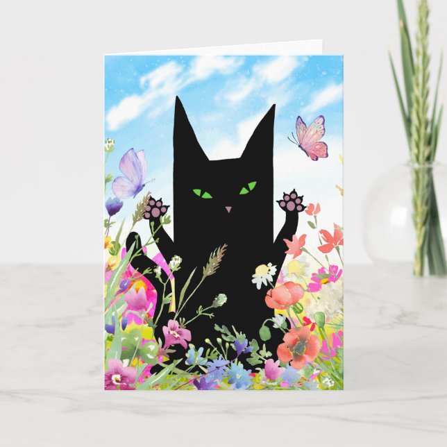 Black Cat Spring Greeting Card:  Kitty and Flowers Kort (Framsida)