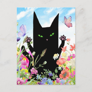 Black Cat Spring Greeting Card:  Kitty and Flowers Vykort