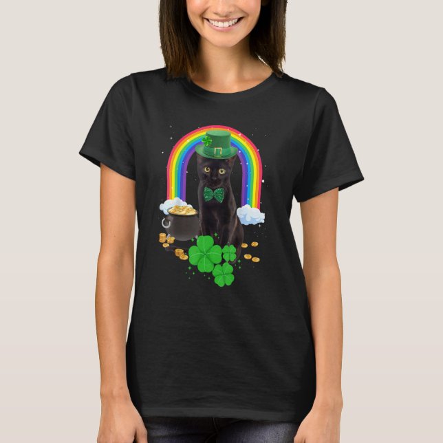 Black Cat St patricks day Leprechaun Costume Shamr T Shirt (Framsida)