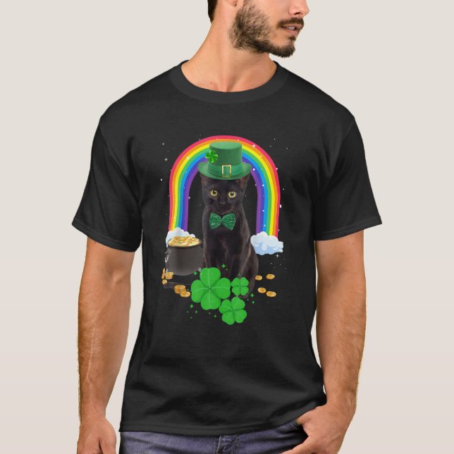 Black Cat St patricks day Leprechaun Costume Shamr T Shirt (Framsida)