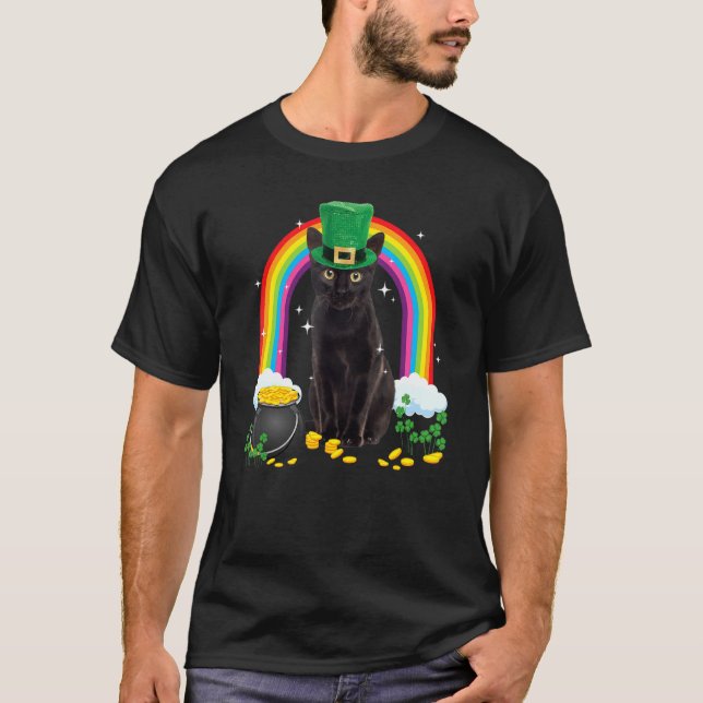 Black Cat St patricks day Leprechaun Costume Shamr T Shirt (Framsida)