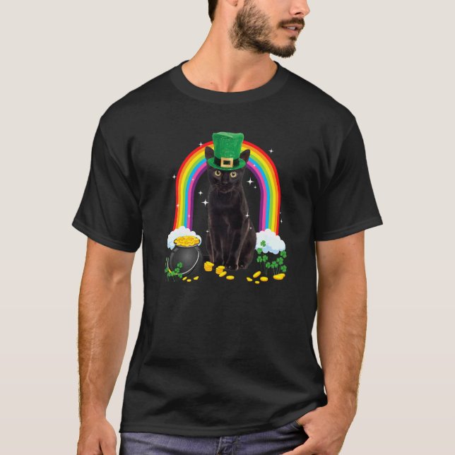 Black Cat St patricks day Leprechaun Costume Shamr T Shirt (Framsida)