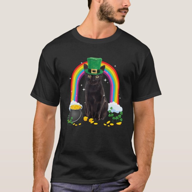 Black Cat St patricks day Leprechaun Costume Shamr T Shirt (Framsida)