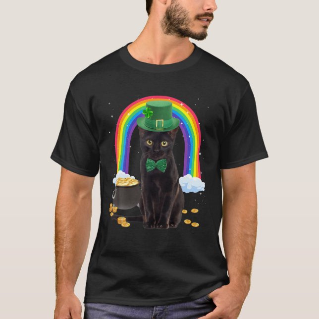 Black Cat St patricks day Leprechaun Costume Shamr T Shirt (Framsida)