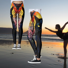 Black Cat Stached Glass Red Spooky Yoga Leggings
