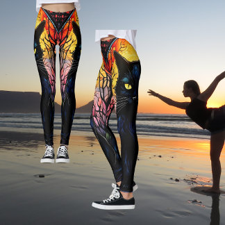 Black Cat Stached Glass Red Spooky Yoga Leggings